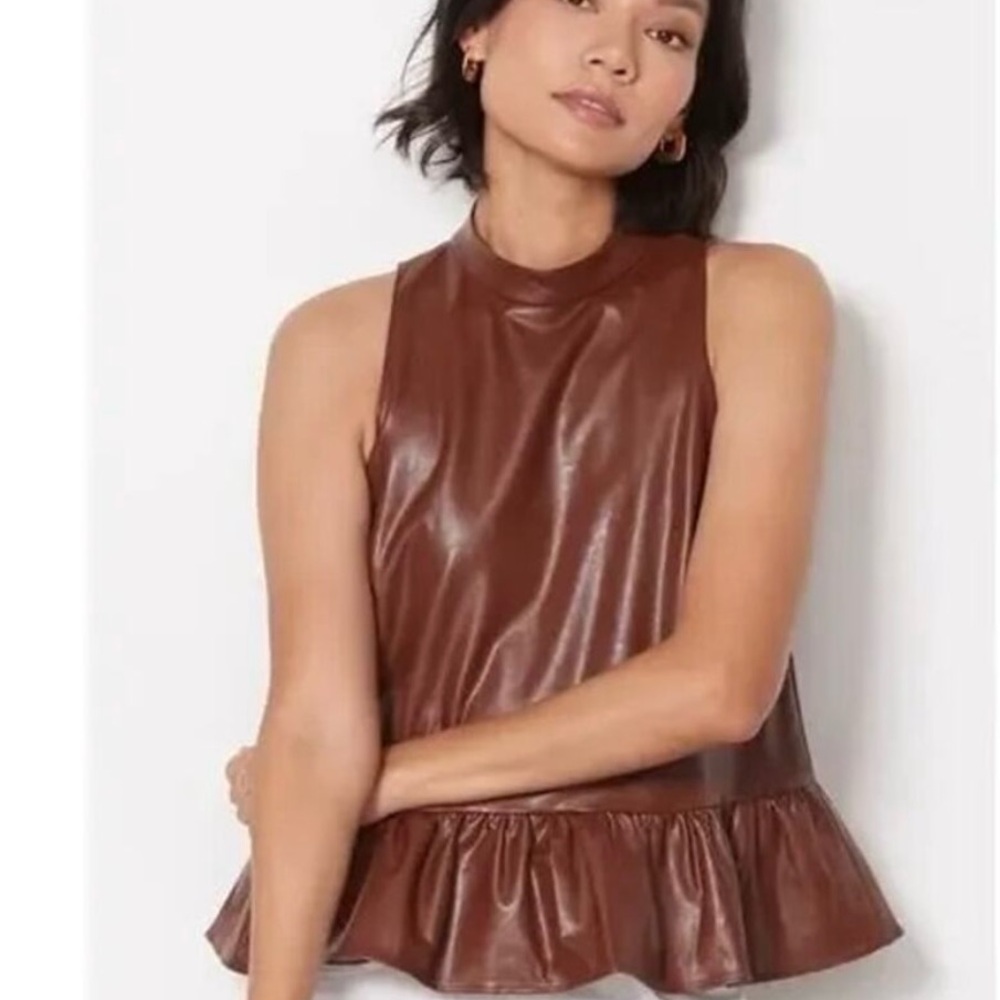 Amanda Uprichard small NEW Brown Sleeveless Peplum Top FAUX LEATHER lined